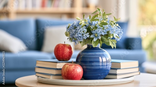 Blue Floral Vase Books and Red Apples on Living Room Coffee Table