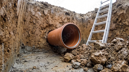 Large orange PVC sewer pipe installed in a deep excavation trench with an aluminum ladder