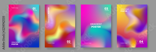 Set of blurry fluid gradient mesh posters with vibrant multi color transitions for modern background design