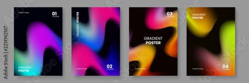 Set of dynamic posters featuring fluid liquid flow gradients and organic wave shapes on high contrast black