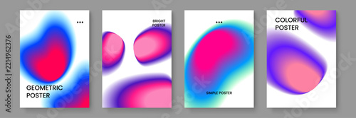 Clean white background posters featuring soft organic blurred liquid blobs in blue and pink hues
