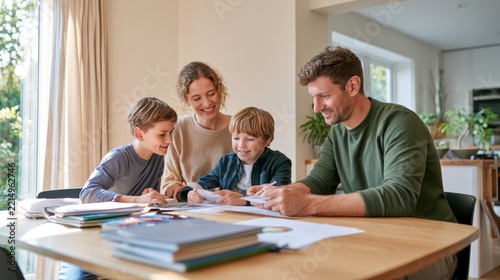 Smiling Parents Helping Young Sons With Homework at Home