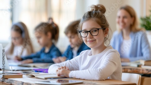 Smiling Schoolgirl with Glasses Studying at Classroom Desk