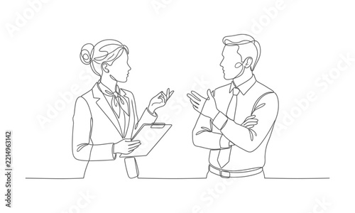 Minimalist continuous line drawing of a business meeting between a woman holding a clipboard and a man with crossed arms, discussing ideas