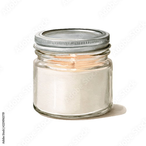 Watercolor Vector Glass Jar with Silver Lid and White Cream Inside.