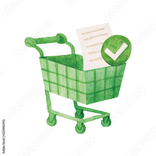 Watercolor Vector Green Shopping Cart with Checklist and Checkmark.