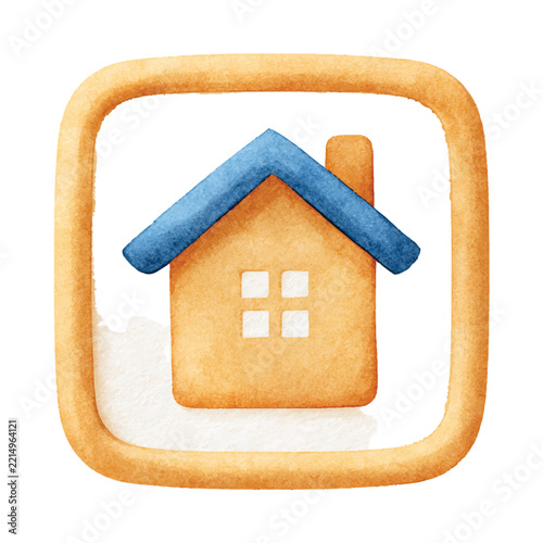 Watercolor Vector House Icon With Blue Roof and Orange Frame.