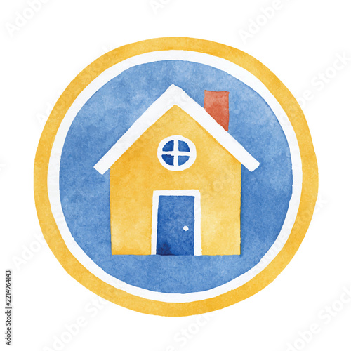 Watercolor Vector House Icon with Yellow and Blue Circular Frame.