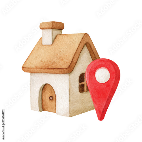 Watercolor Vector House with Red Location Pin Icon.