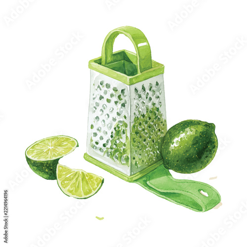 Watercolor Vector Illustration Green Box Grater With Fresh Lime Slices.