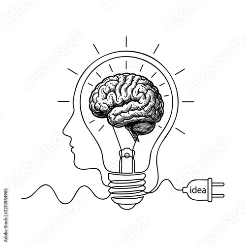 Brain Inside Lightbulb Line Art Vector Concept For Creative Idea And Brainstorming