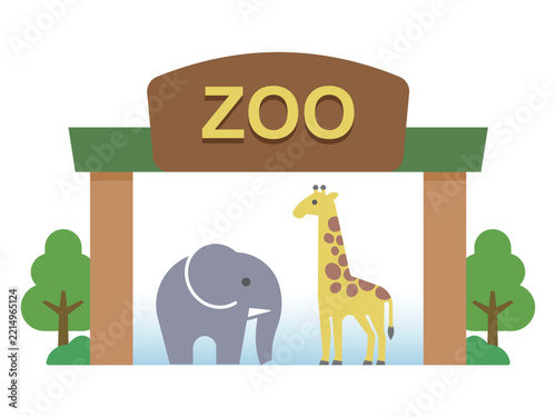Zoo entrance gate with elephant and giraffe vector illustration