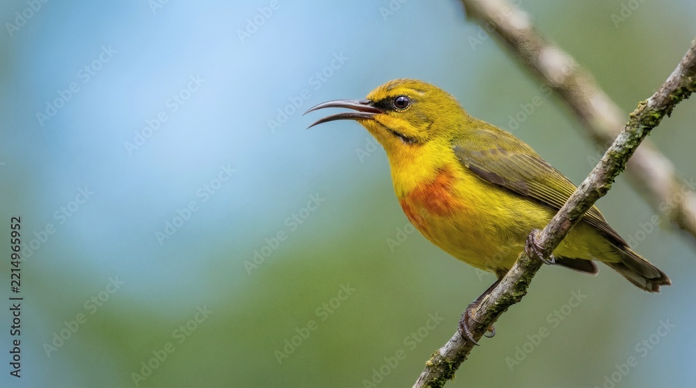 Obraz premium Olive backed sunbird with yellow breast and curved beak resting on thin twig in tropical forest environment.