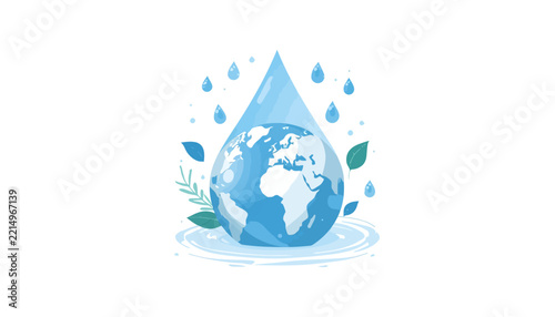 Globe earth illustration surrounded by falling water drops and fresh green leaves on a clean white background.