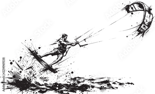 Dynamic black and white ink of a kitesurfer jumping over water with a large kite and splashing waves on a white background