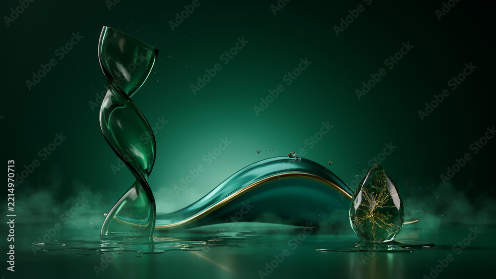 Fototapeta premium Abstract glass sculptures and a crystal drop with golden details on a dark green background
