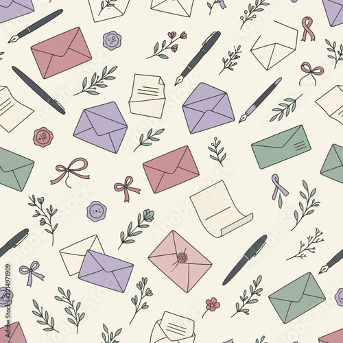 Vintage stationery and botanical letter writing seamless pattern design.
