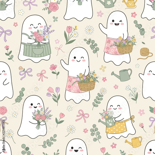 Adorable ghosts with spring flowers and watering cans