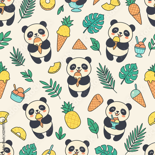 Adorable panda with pineapple and ice cream seamless pattern.