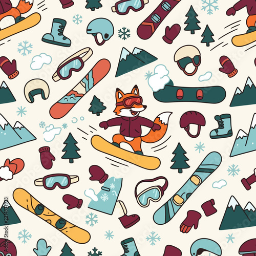 Athletic fox snowboarding on mountain slope seamless pattern