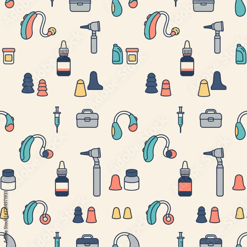Audiology and hearing health equipment seamless vector pattern.