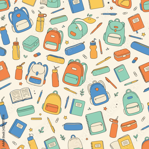 Backpacks and lunch boxes seamless pattern for school kids.