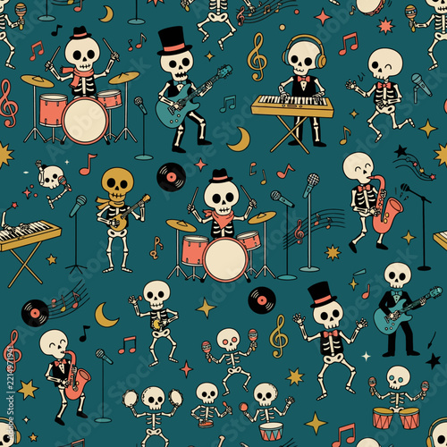 Cartoon skeleton rock band playing instruments on dark background.