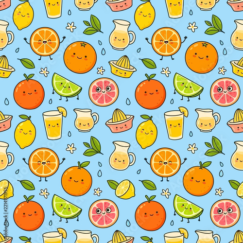 Citrus fruit seamless pattern with cute orange lemon characters.