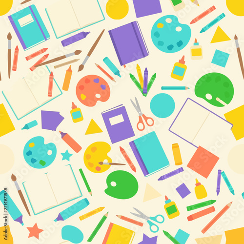 Creative art materials and notebooks seamless pattern.