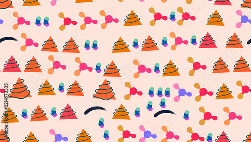 Seamless pattern of stylized Christmas trees, mittens, and abstract
