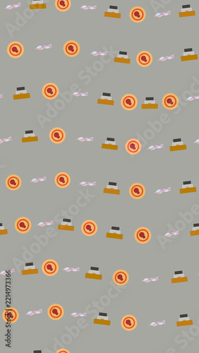 Seamless pattern of stylized objects and abstract shapes