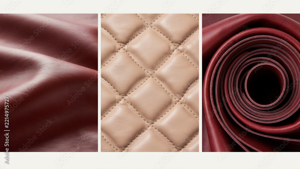 Fototapeta premium Close up textures of red and beige leather including quilted patterns and rolled