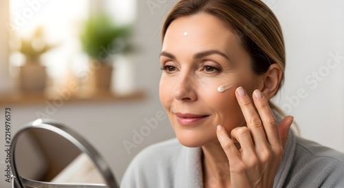 Mature Woman Applying Anti-Aging Face Cream Moisturizer in Bright Bathroom Morning Skincare Routine