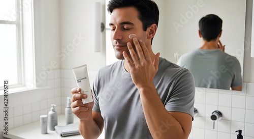 Man Applying Face Cream and Moisturizer in Modern Bathroom for Morning Grooming and Skincare Routine