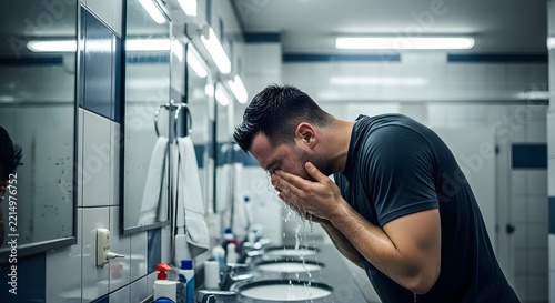 Man Washing Face with Fresh Water in Restroom for Refreshing Morning Hygiene Routine