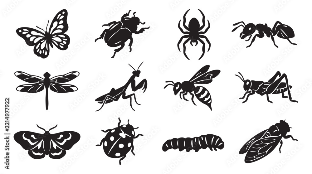 Fototapeta premium Insect Silhouette Icon Set in Black and White Grid Design