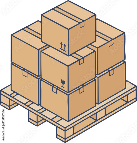 Isometric Vector Illustration of Cardboard Boxes Stacked on a Wooden Pallet