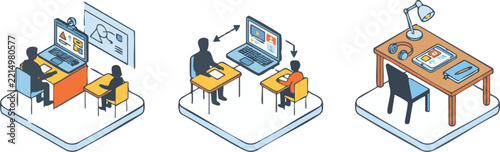 Isometric Online Education and Remote Learning Vector Illustration Set with Digital Classroom and Study Desk