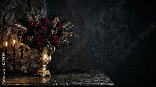 Halloween gothic set up roses on golden vase in dark background copy space 