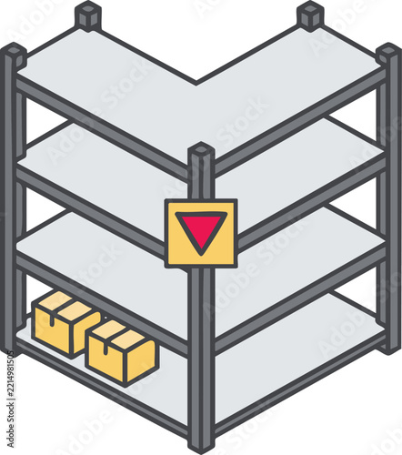 Corner Warehouse Shelving Rack with Cardboard Boxes Vector Illustration