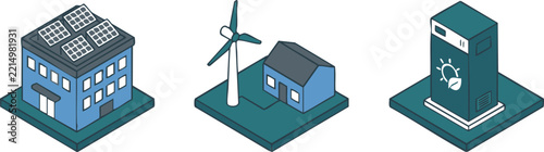 Isometric Renewable Energy Vector Icon Set with Solar Panel Building Wind Turbine and Battery Storage Station