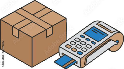 Isometric Vector Illustration of Cardboard Delivery Box and POS Payment Terminal with Credit Card