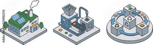 Isometric Vector Illustration of Green Factory, Recycling Machine, and Circular Economy Concept