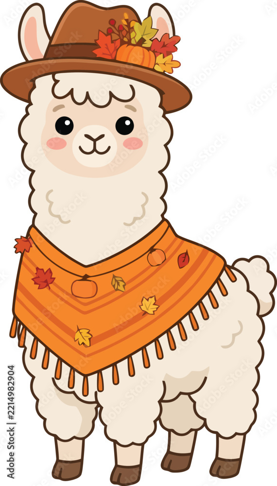 Fototapeta premium Cute cartoon llama wearing a festive autumn hat and orange poncho.