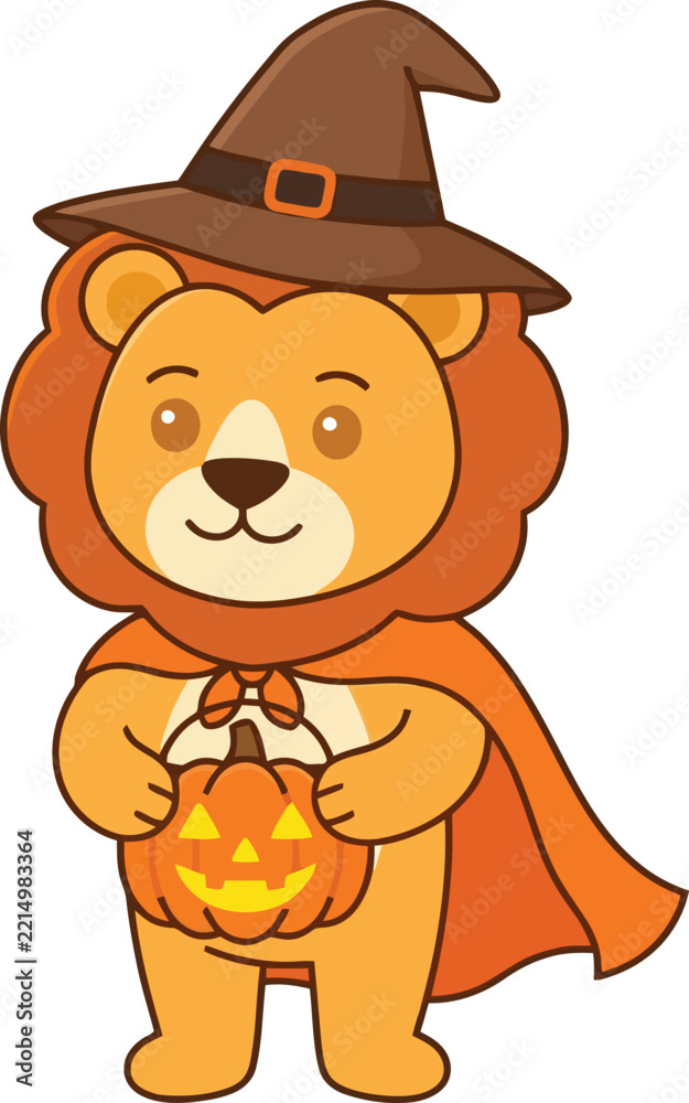 Obraz premium A cute cartoon lion dressed as a wizard holding a glowing jack o lantern.