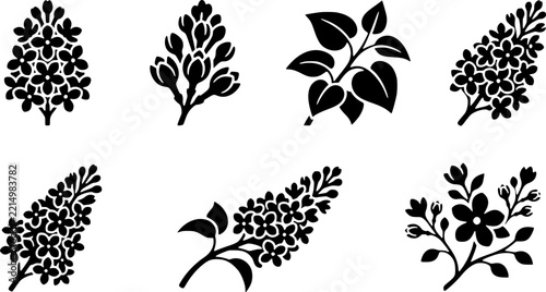 Set of black and white lilac flower silhouettes and floral design elements for graphic design projects