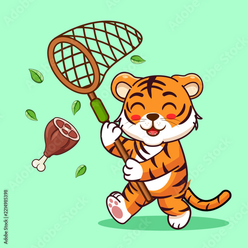 Cute Tiger Catching Meat with Net Cartoon Vector Illustration