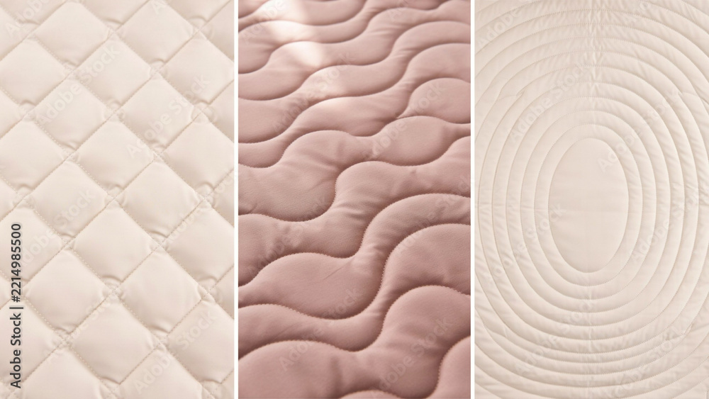 Fototapeta premium Three different quilted fabric textures in diamond, wavy, and concentric circle stitching