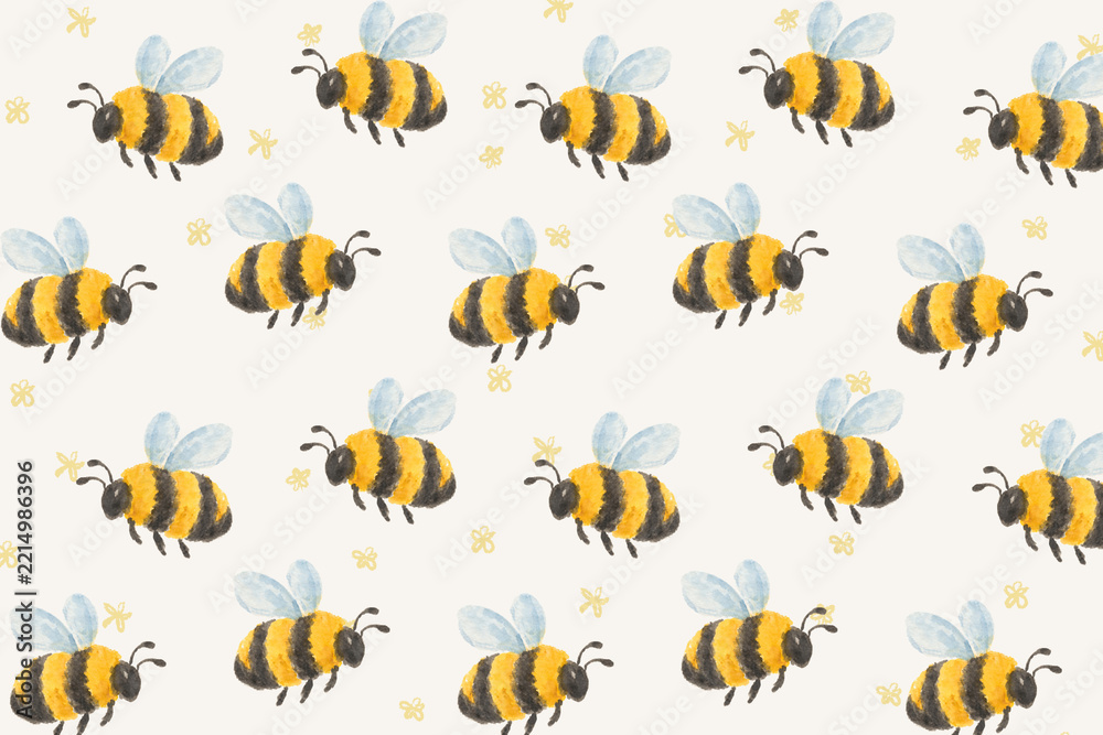 Fototapeta premium Cute watercolor bumblebee seamless pattern with yellow flowers on light background
