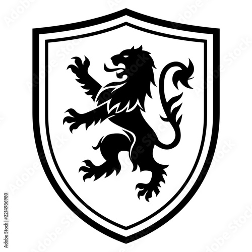 Black and white heraldic shield featuring a rampant lion crest